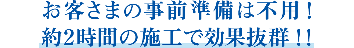 お客さまの事前準備は不用!約2時間の施工で効果抜群!!