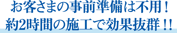 お客さまの事前準備は不用!約2時間の施工で効果抜群!!